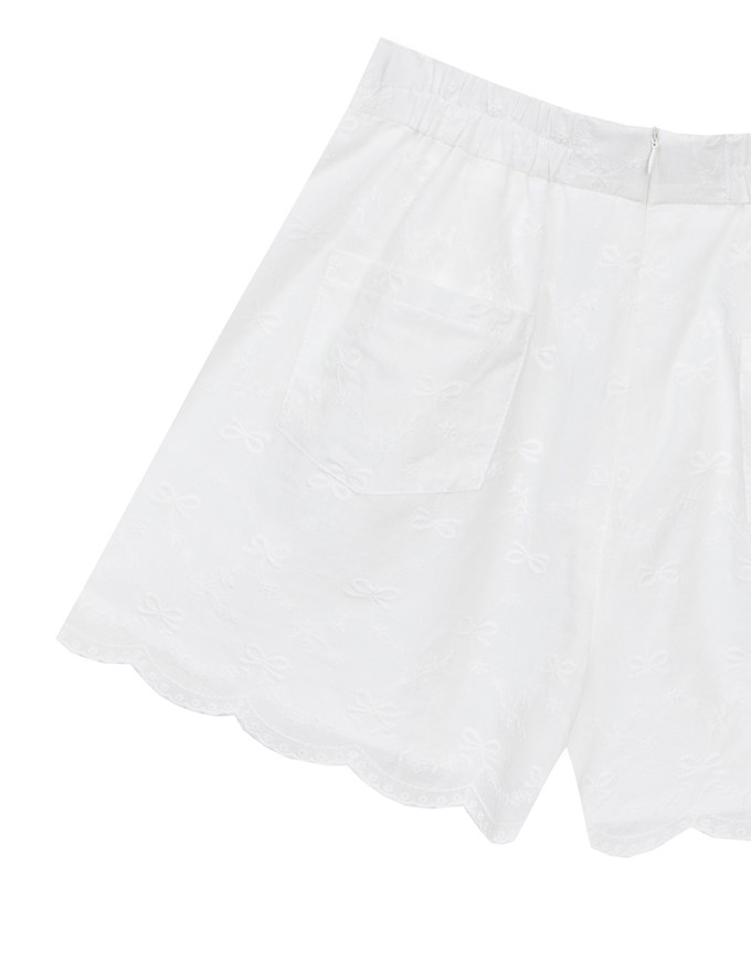 Embroidered Bow Lace Cotton Shorts with Scallop Hem