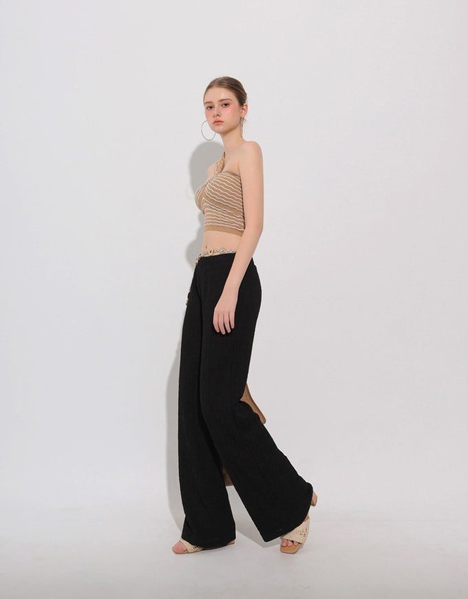 Elastic Waist Crinkled Texture Wide Leg Pants