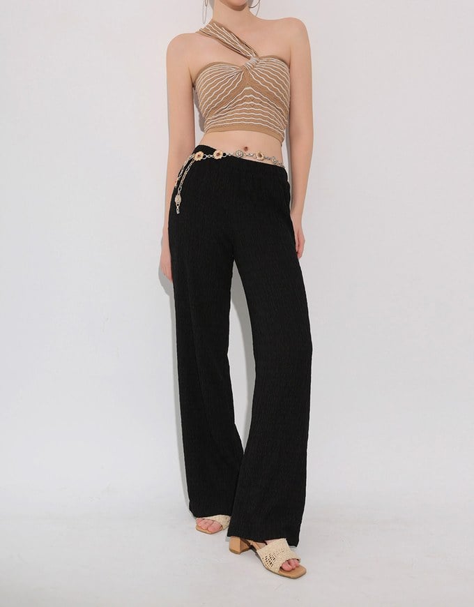 Elastic Waist Crinkled Texture Wide Leg Pants