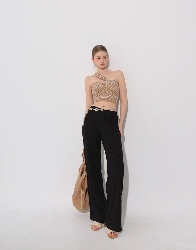 Elastic Waist Crinkled Texture Wide Leg Pants