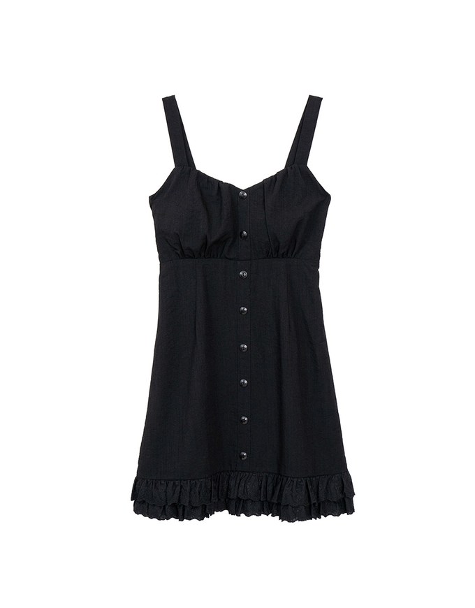 Sweetheart Neck Button Front Padded Cami Mini Dress With Lace Hem Details