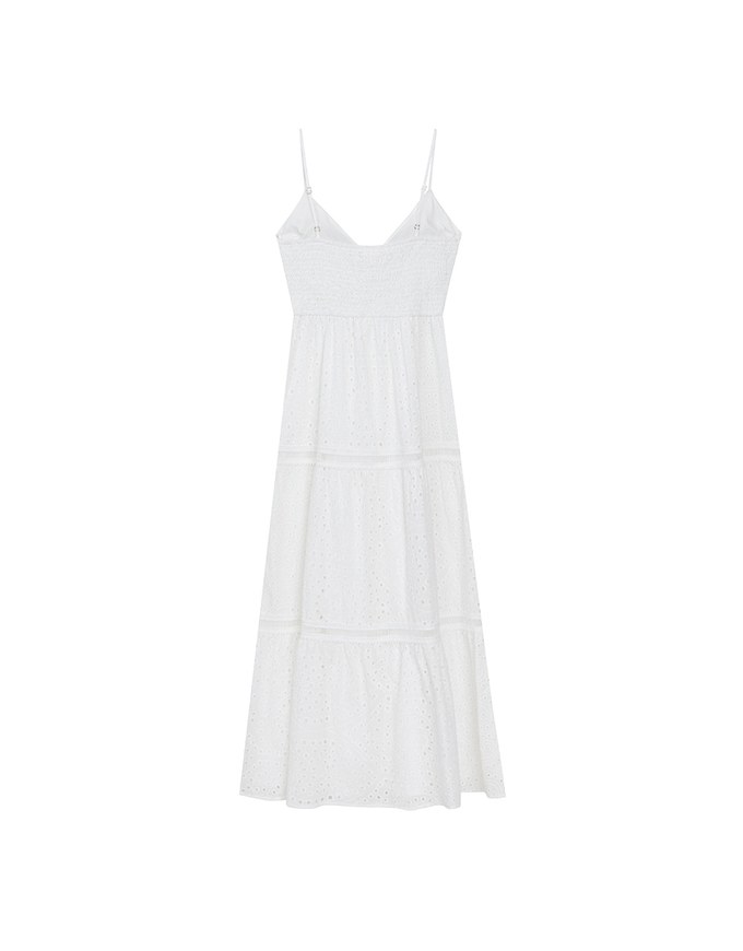 Boho Bohemian Style V Neck Eyelet Lace Tiered Padded Maxi Dress