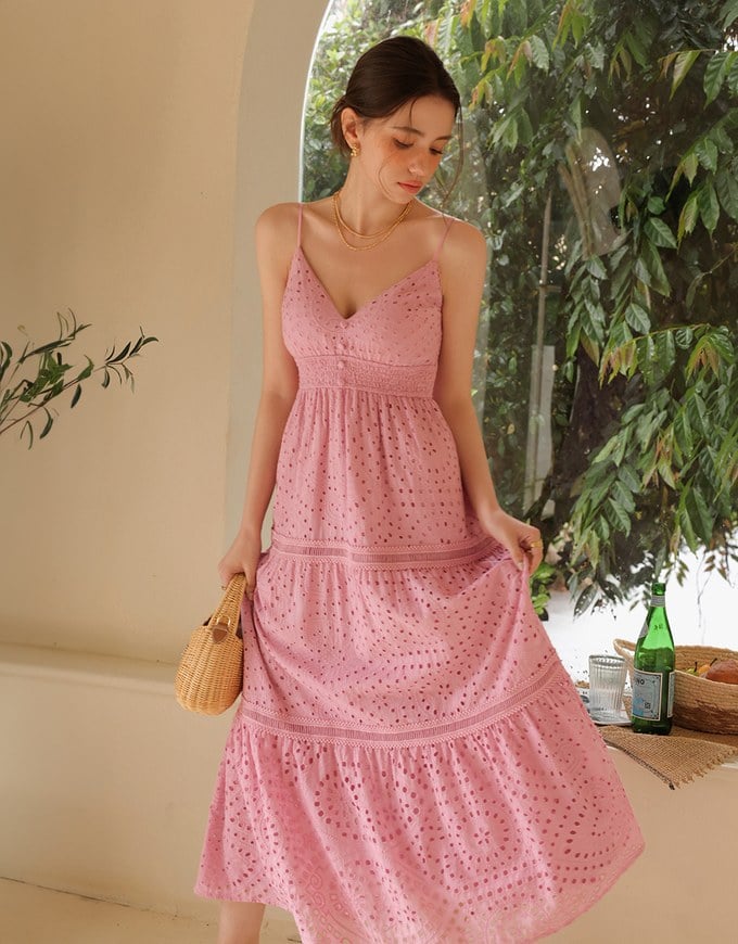 Boho Bohemian Style V Neck Eyelet Lace Tiered Padded Maxi Dress