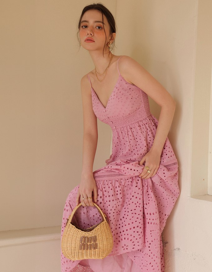 Boho Bohemian Style V Neck Eyelet Lace Tiered Padded Maxi Dress