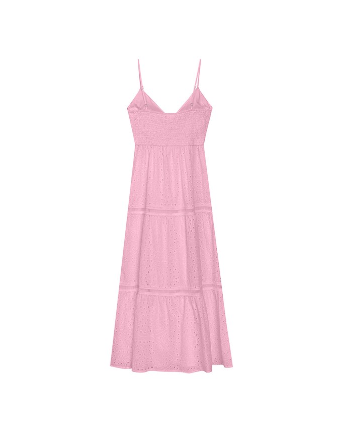 Boho Bohemian Style V Neck Eyelet Lace Tiered Padded Maxi Dress