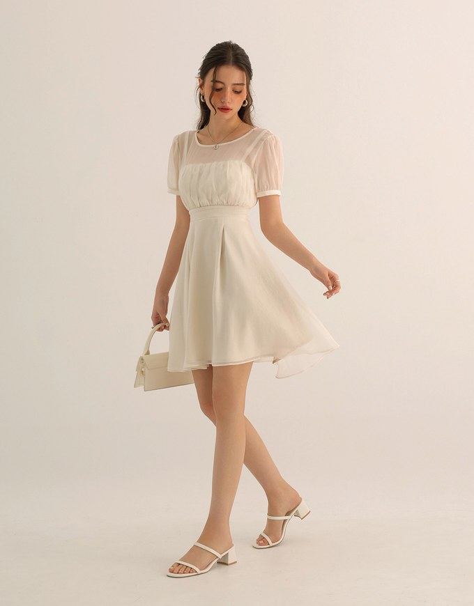 Layered Mesh Puff Sleeve Flare Mini Dress