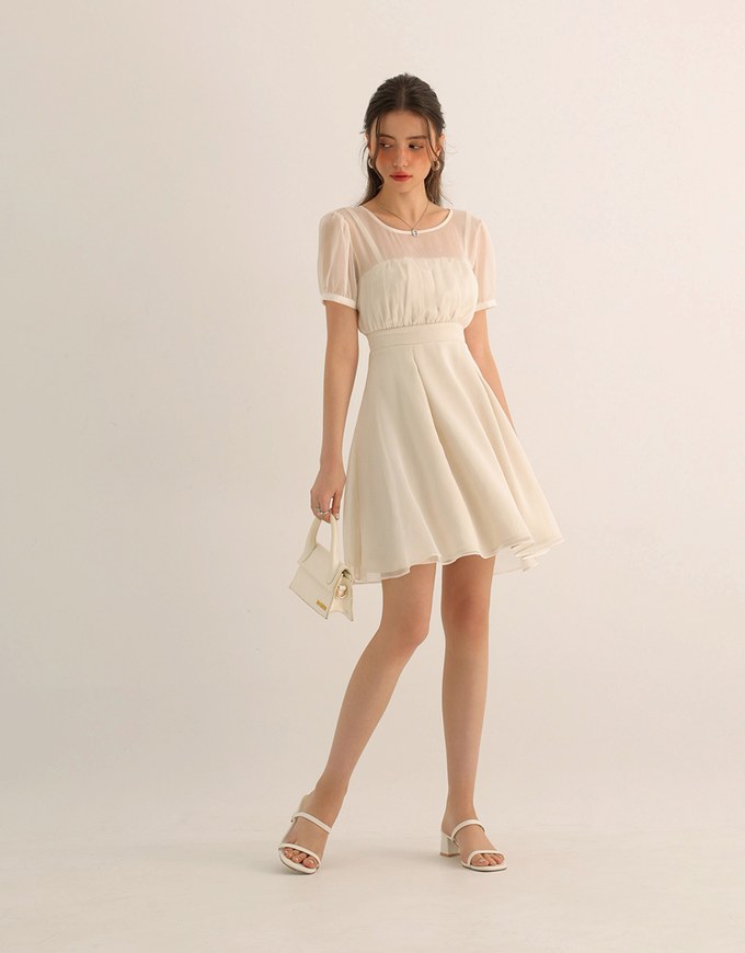 Layered Mesh Puff Sleeve Flare Mini Dress