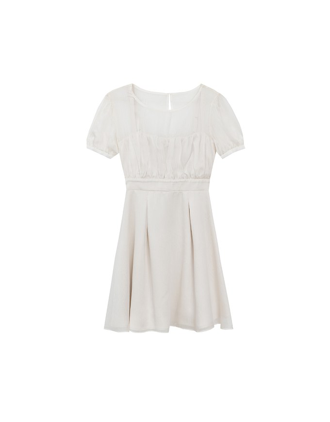 Layered Mesh Puff Sleeve Flare Mini Dress