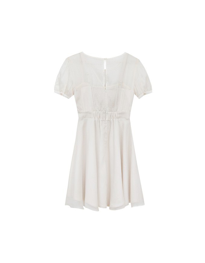 Layered Mesh Puff Sleeve Flare Mini Dress
