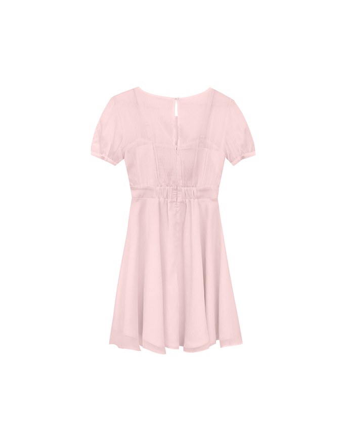 Layered Mesh Puff Sleeve Flare Mini Dress