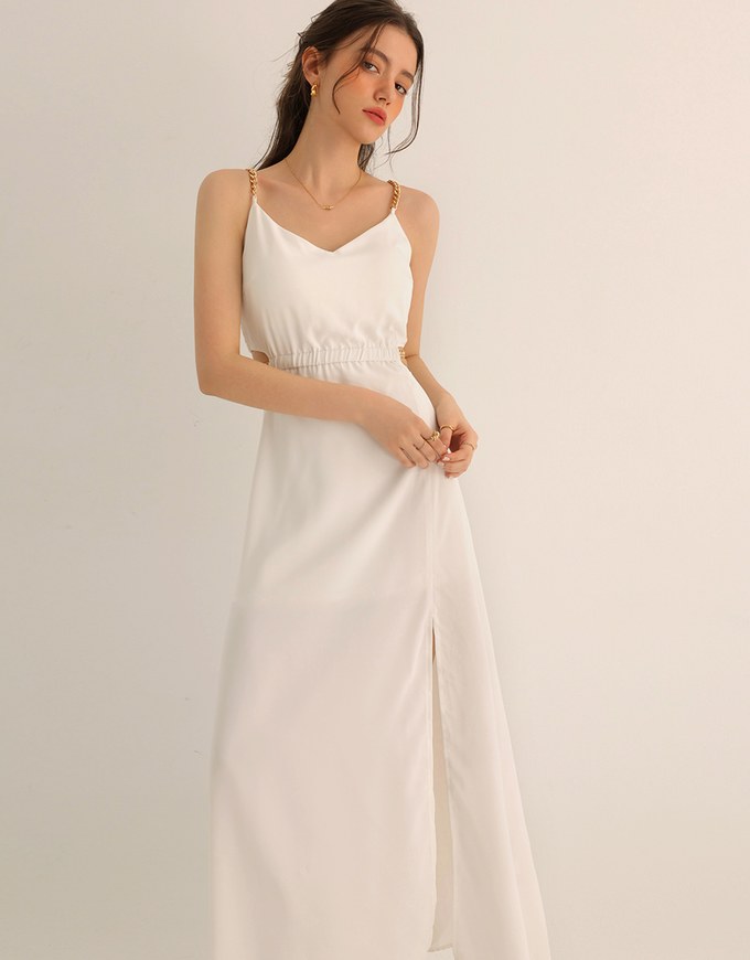 Gold Chain Spaghetti Strap Slit Padded Maxi Dress