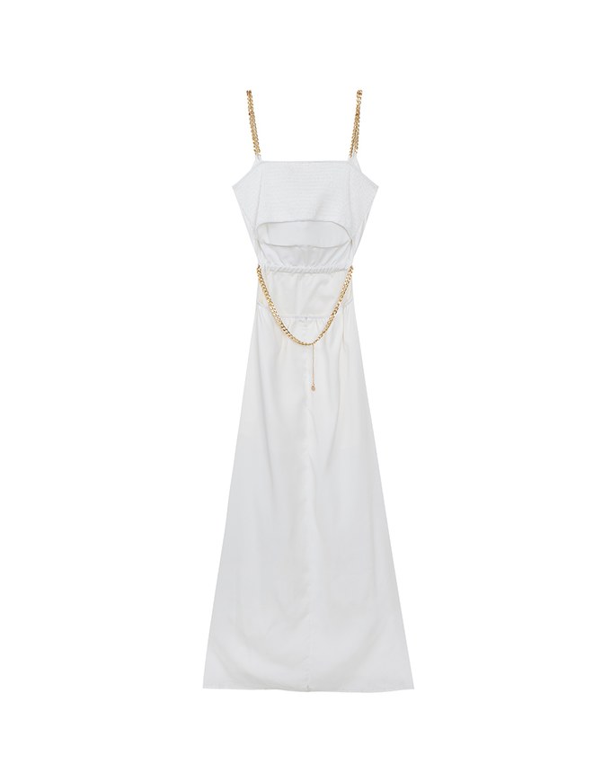 Gold Chain Spaghetti Strap Slit Padded Maxi Dress