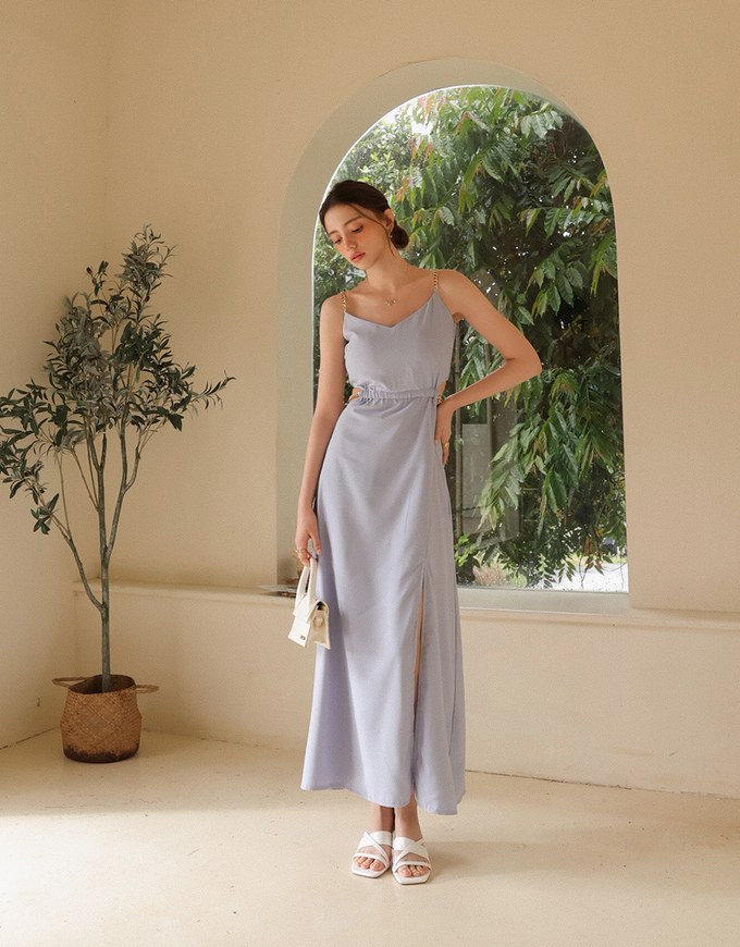 Gold Chain Spaghetti Strap Slit Padded Maxi Dress