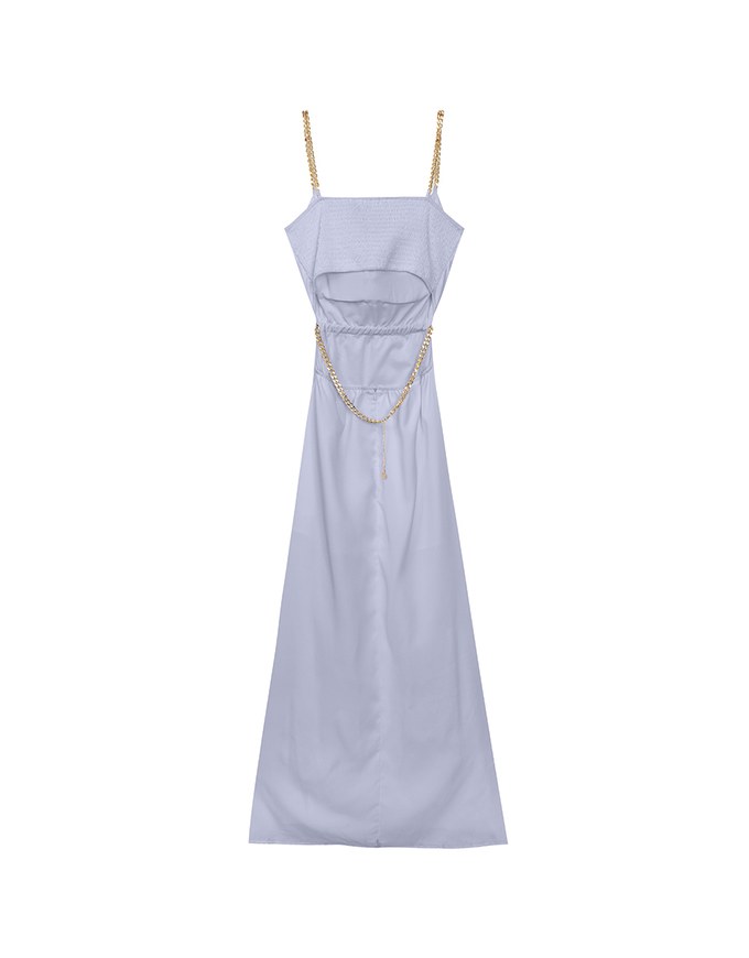 Gold Chain Spaghetti Strap Slit Padded Maxi Dress