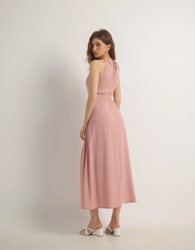 Side Cut Out Padded Maxi Dress with Lace Halter Neckline