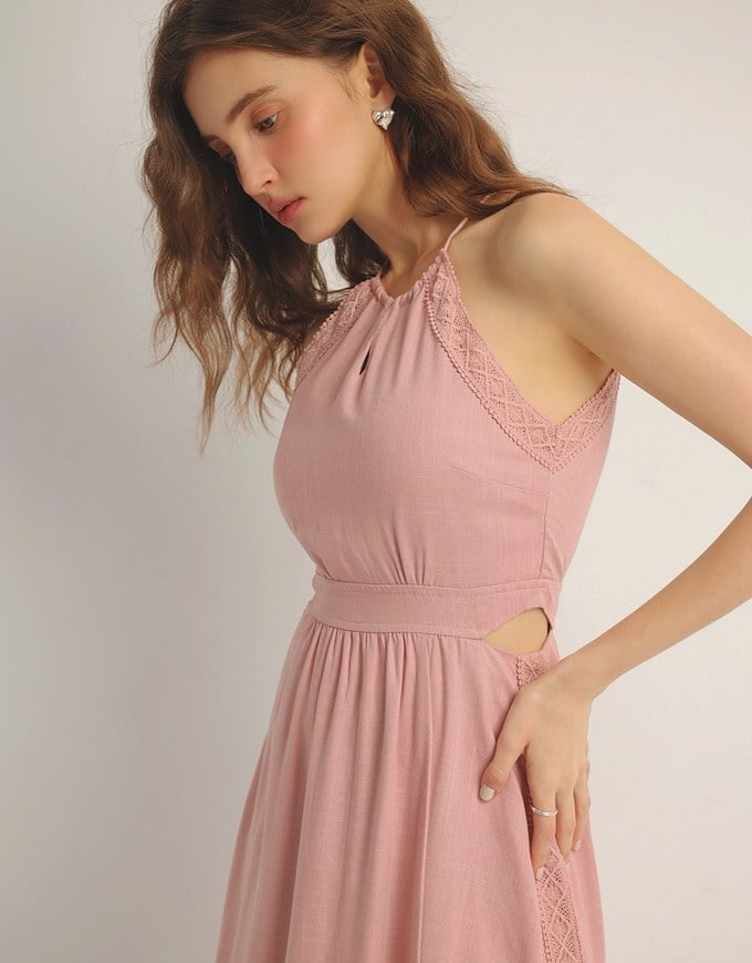 Side Cut Out Padded Maxi Dress with Lace Halter Neckline