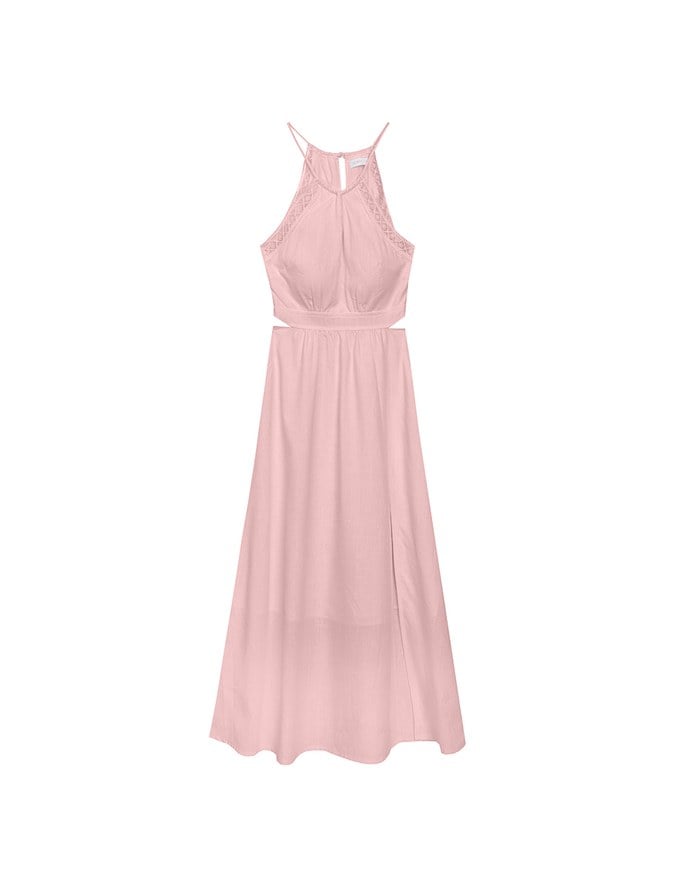 Side Cut Out Padded Maxi Dress with Lace Halter Neckline