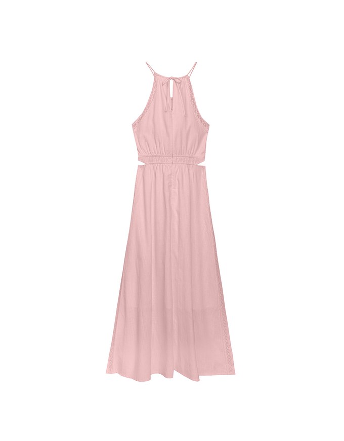 Side Cut Out Padded Maxi Dress with Lace Halter Neckline