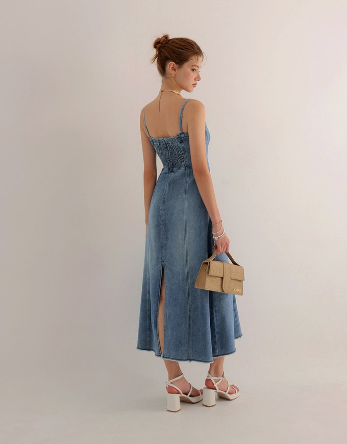 Spaghetti Strap Washed Jeans Denim Frayed Hem Maxi Dress