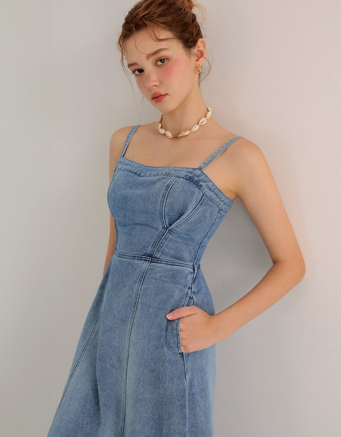 Spaghetti Strap Washed Jeans Denim Frayed Hem Maxi Dress