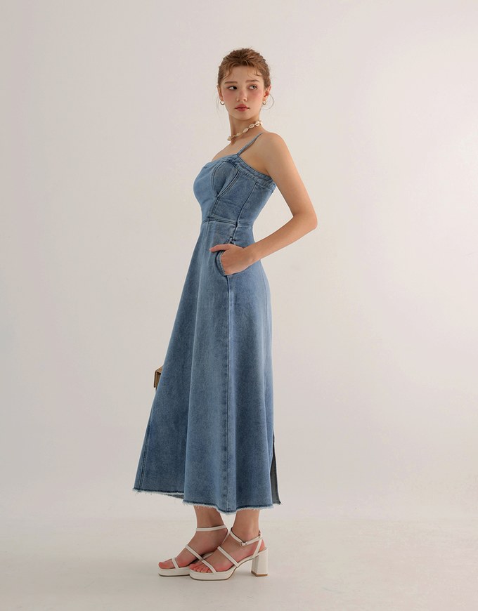 Spaghetti Strap Washed Jeans Denim Frayed Hem Maxi Dress