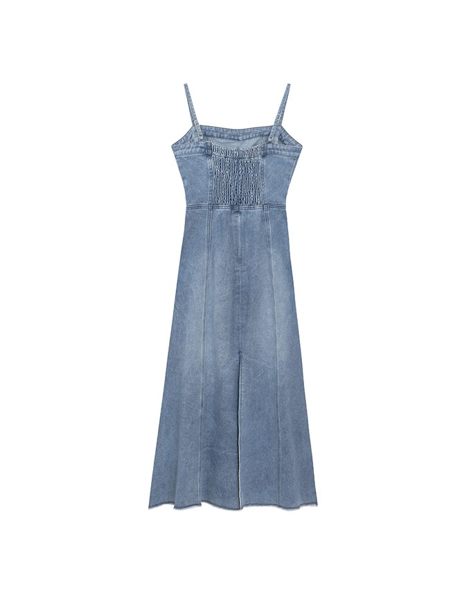 Spaghetti Strap Washed Jeans Denim Frayed Hem Maxi Dress