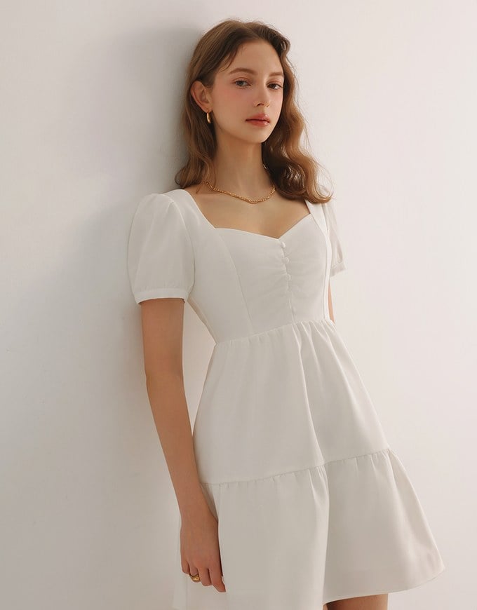 Sweetheart Neckline Puff Sleeve Tiered Mini Dress with Button Detail