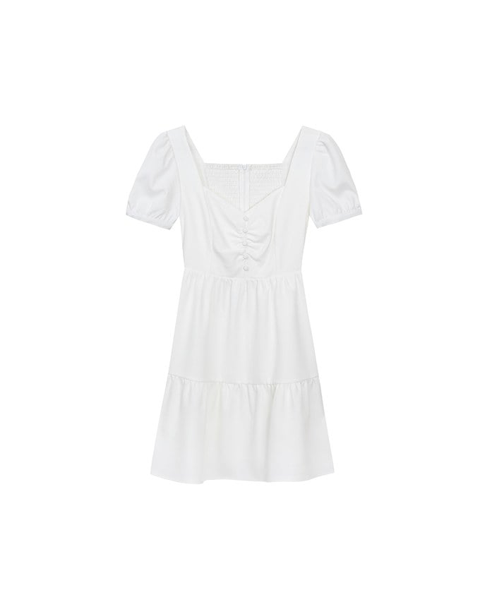 Sweetheart Neckline Puff Sleeve Tiered Mini Dress with Button Detail