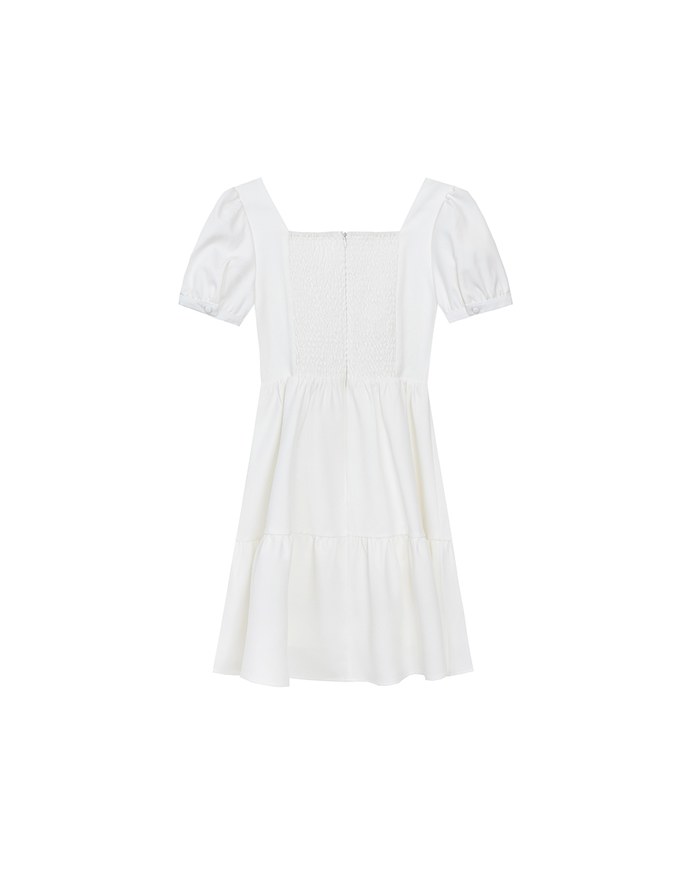 Sweetheart Neckline Puff Sleeve Tiered Mini Dress with Button Detail