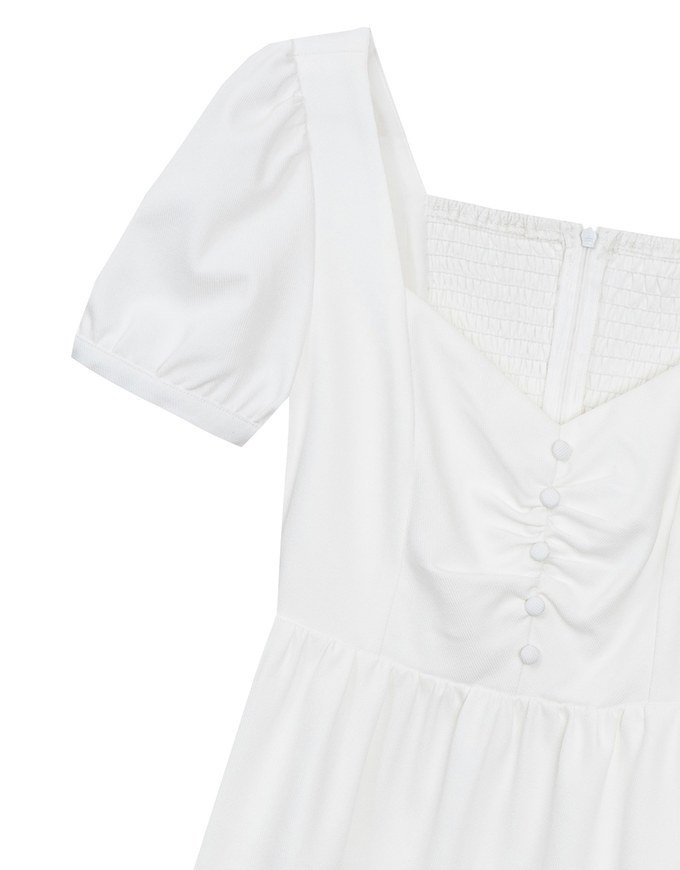 Sweetheart Neckline Puff Sleeve Tiered Mini Dress with Button Detail