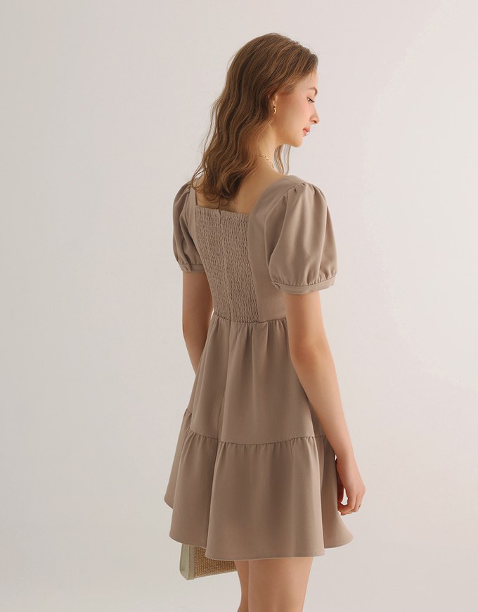 Sweetheart Neckline Puff Sleeve Tiered Mini Dress with Button Detail