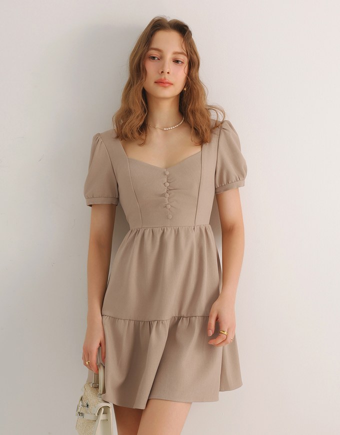 Sweetheart Neckline Puff Sleeve Tiered Mini Dress with Button Detail