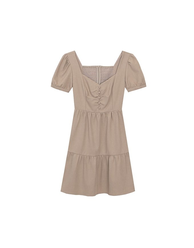 Sweetheart Neckline Puff Sleeve Tiered Mini Dress with Button Detail