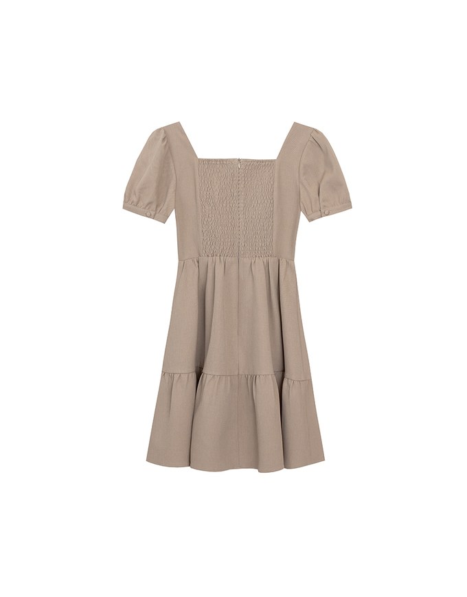 Sweetheart Neckline Puff Sleeve Tiered Mini Dress with Button Detail
