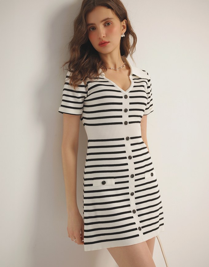 Striped Knit Mini Dress with Collar and Decorative Buttons