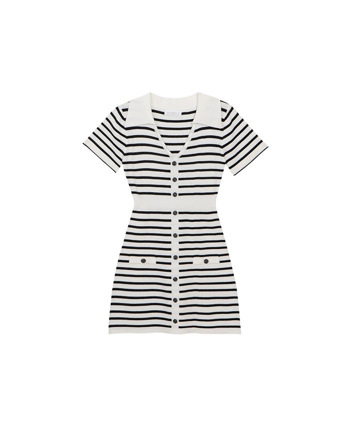 Striped Knit Mini Dress with Collar and Decorative Buttons