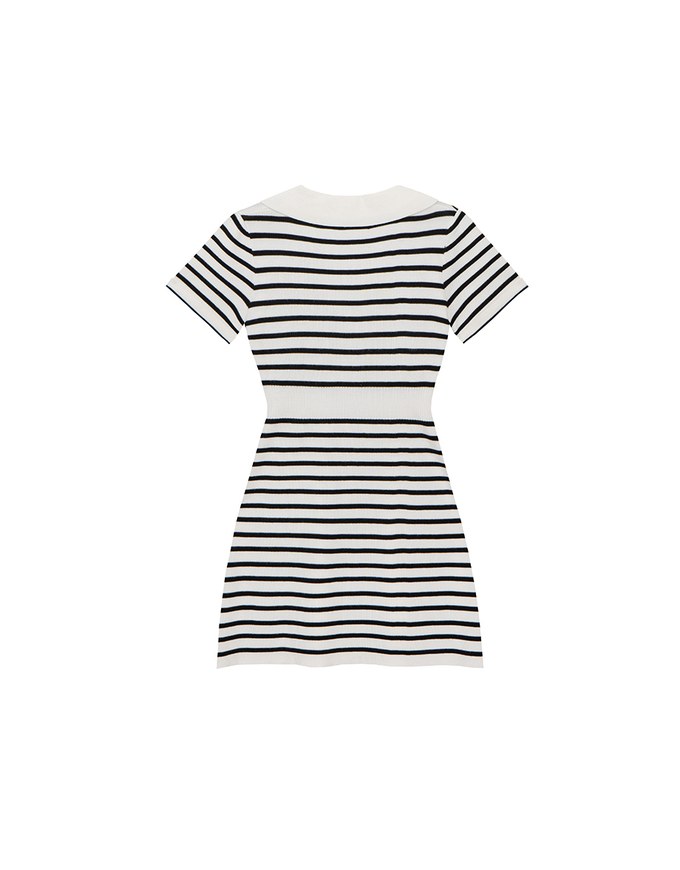 Striped Knit Mini Dress with Collar and Decorative Buttons