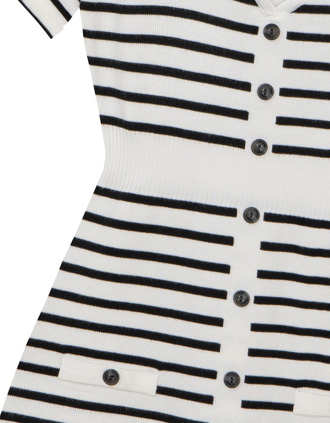 Striped Knit Mini Dress with Collar and Decorative Buttons