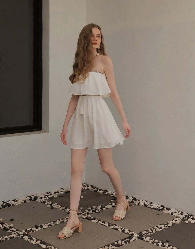 Boho Embroidered Bandeau Padded Mini Dress with Tassel Tie Design