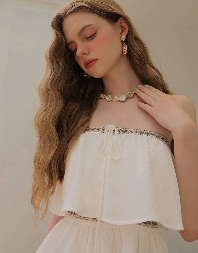 Boho Embroidered Bandeau Padded Mini Dress with Tassel Tie Design