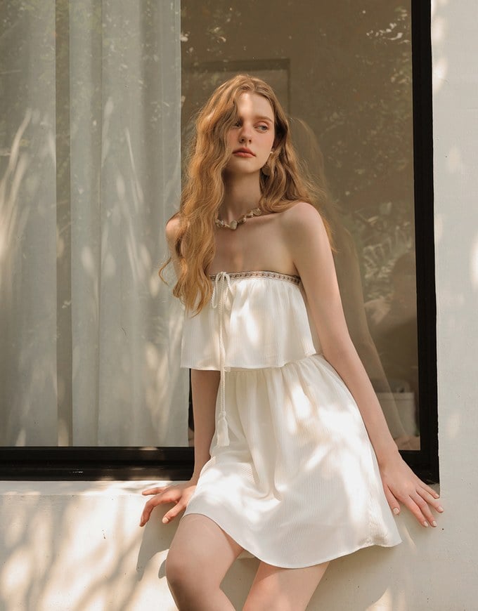 Boho Embroidered Bandeau Padded Mini Dress with Tassel Tie Design
