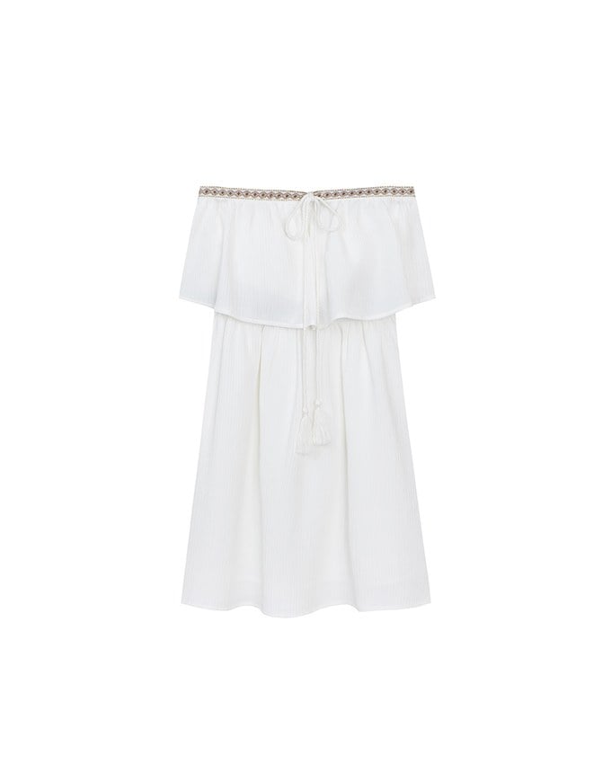 Boho Embroidered Bandeau Padded Mini Dress with Tassel Tie Design