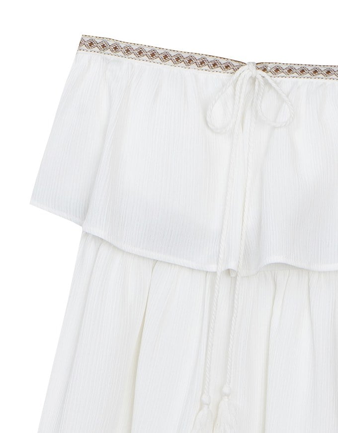 Boho Embroidered Bandeau Padded Mini Dress with Tassel Tie Design