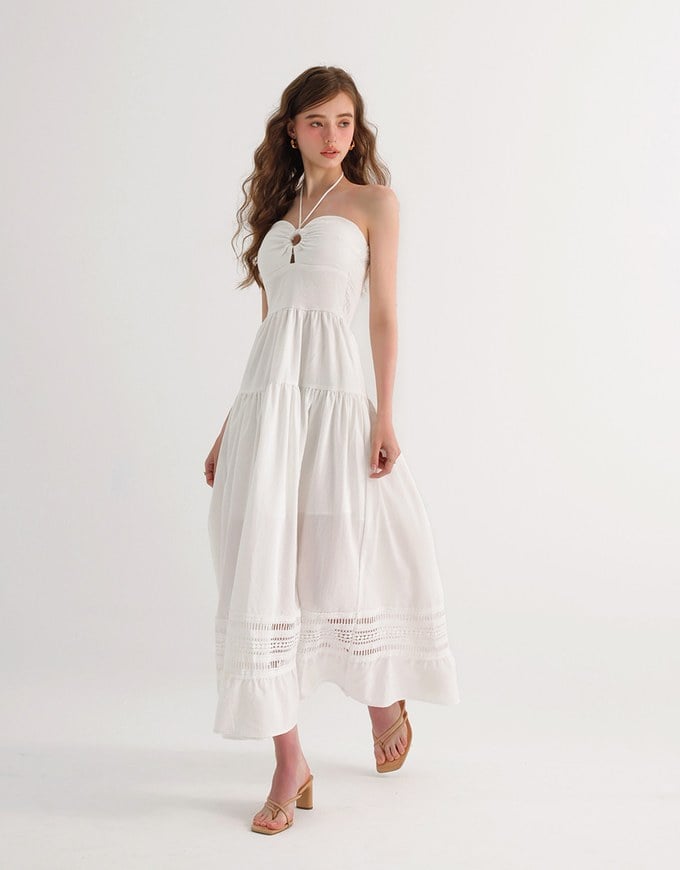2 Way Halter Cut Out Padded Maxi Dress with Hollow Embroidery Hem