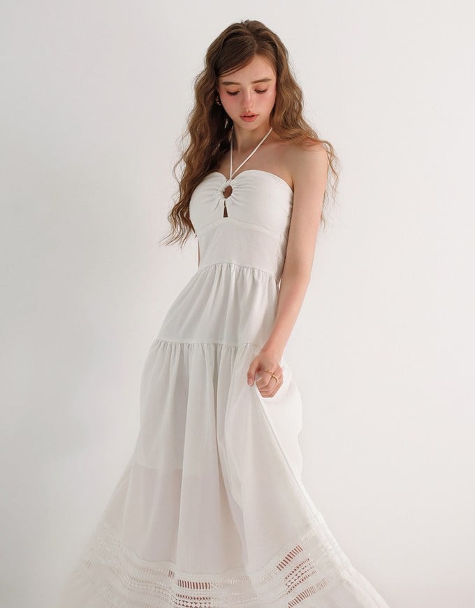 2 Way Halter Cut Out Padded Maxi Dress with Hollow Embroidery Hem