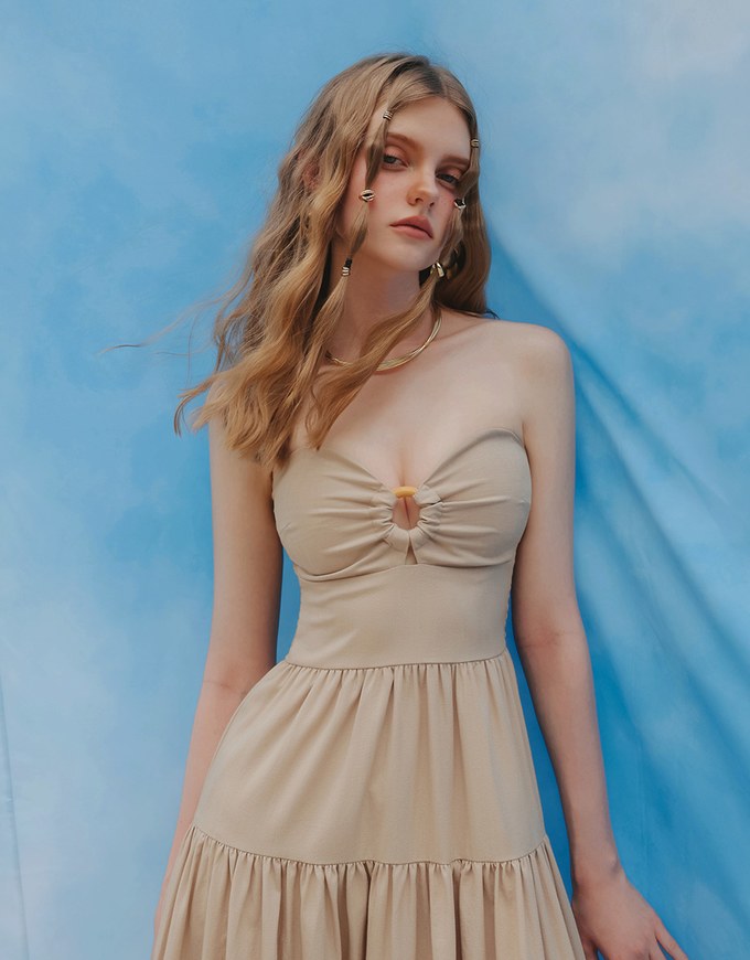 2 Way Halter Cut Out Padded Maxi Dress with Hollow Embroidery Hem