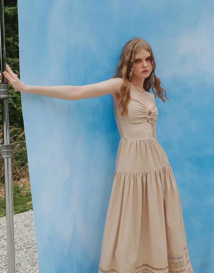 2 Way Halter Cut Out Padded Maxi Dress with Hollow Embroidery Hem