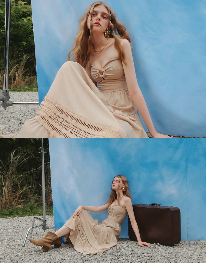 2 Way Halter Cut Out Padded Maxi Dress with Hollow Embroidery Hem