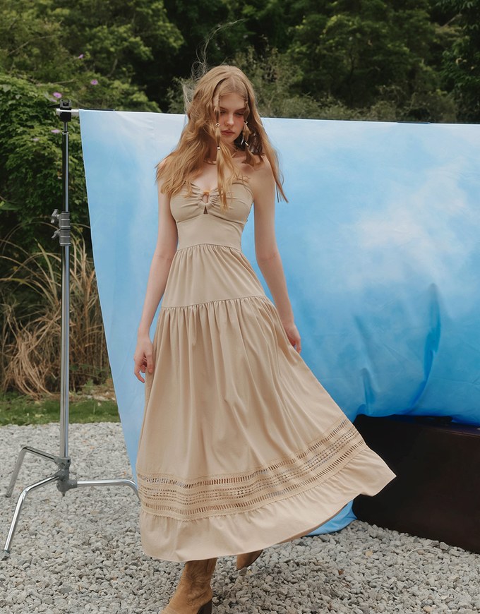 2 Way Halter Cut Out Padded Maxi Dress with Hollow Embroidery Hem