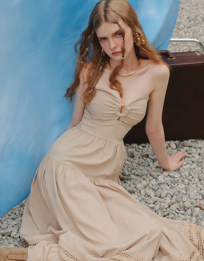 2 Way Halter Cut Out Padded Maxi Dress with Hollow Embroidery Hem